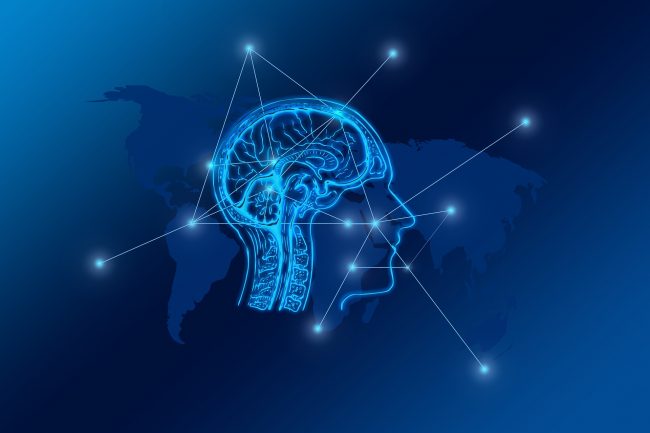 Blue graphic of brain with interconnected dots over map of world in background.