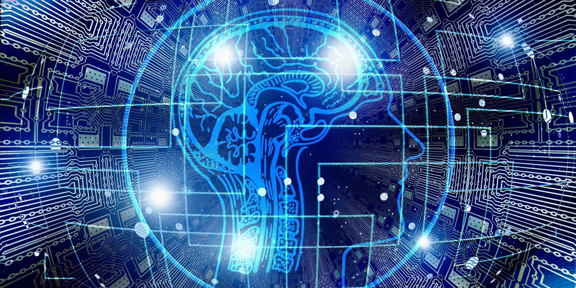 artificial intelligence 3382507 1920 Image of brain and head outline with blue lights dispersed over electricity web.