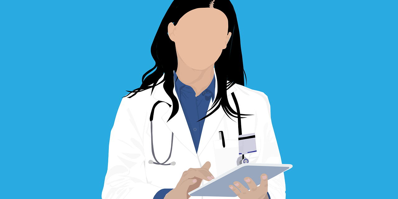 Illustration of female doctor with stethoscope around neck and holding clipboard.