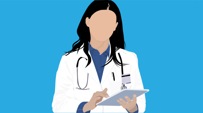 Illustration of female doctor with stethoscope around neck and holding clipboard.