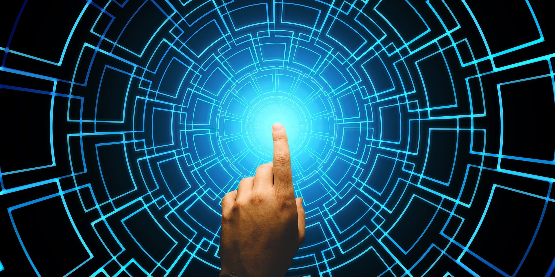 Human finger appears before blue web of technology.