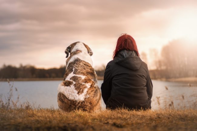 Woman sits on grass with dog overlooking body of water
