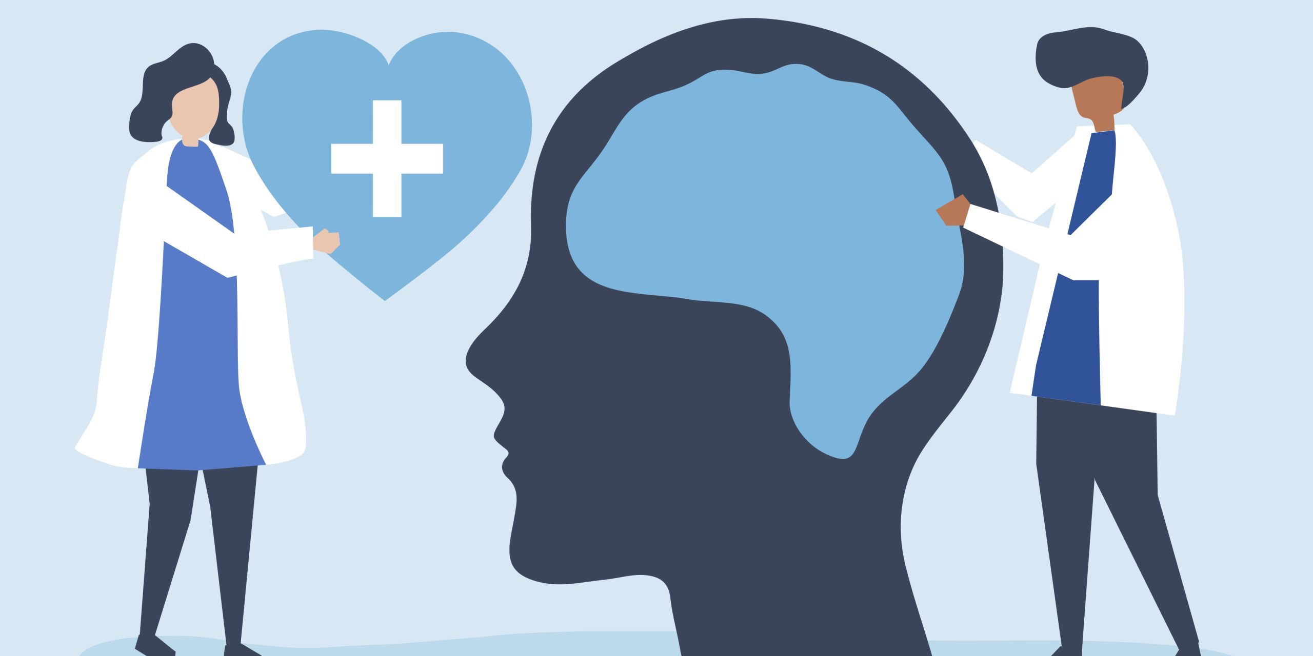 Neuroscientists with a giant chart of human brain and a heart icon